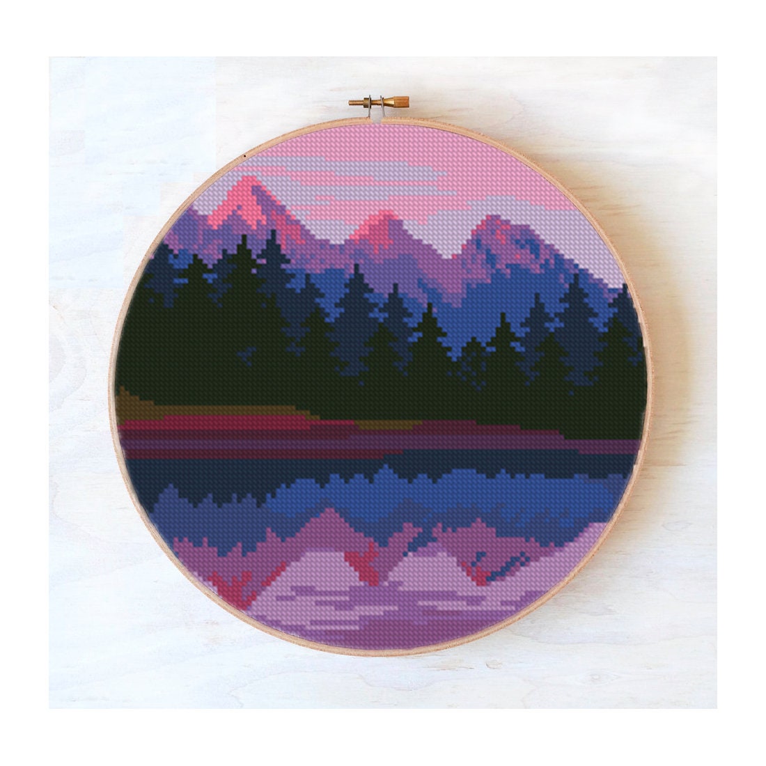 Cross stitch landscape mountains, pink sunset,modern cross stitch lake, nature cross stitch pattern, embroidery hoop art #339