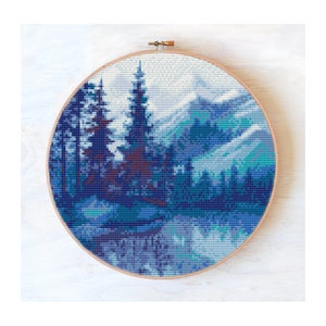 Forest cross stitch pattern, Cross stitch pattern landscape, Mountains modern cross stitch pattern, cross stitch modern  #719