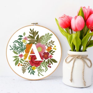 Floral Letter A, Bouquet of flowers cross stitch Letter A, cross stitch pattern modern, beautiful modern cross stitch floral decor #497