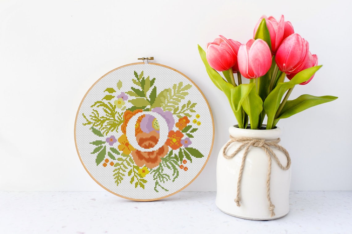 Modern Cross Stitch Letter O Floral Monogram O Cross Stitch Etsy