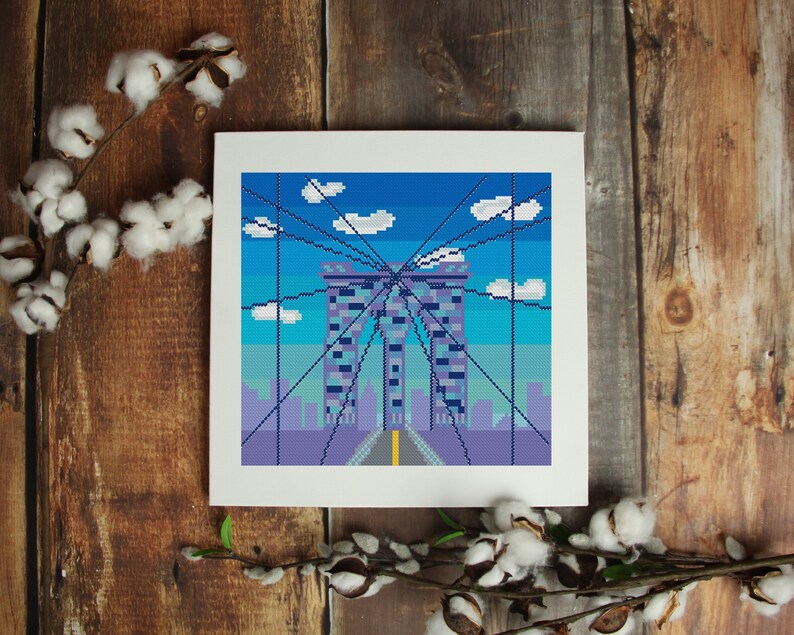 embroidery art City Brooklyn bridge cross stitch pattern modern wall art New York cross stitch USA bridge download #203