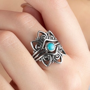 925 Sterling Silver Big Mandala Turquoise Ring - Big Boho Ring With Turquoise