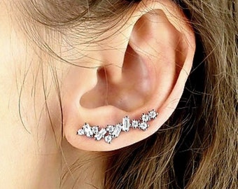 Grimpeurs d'Oreilles Bling Chic Cristal en Argent Massif 925/1000e - Boucles d'Oreilles Montantes de Soirée Style Diamant