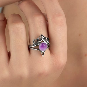 925 Sterling Silver Big Amethyst Boho Ring - Gipsy Ring With Amethyst