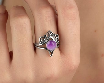 925 Sterling Silver Big Amethyst Boho Ring - Gipsy Ring With Amethyst