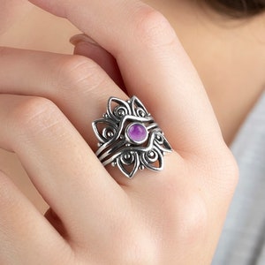925 Sterling Silver Big Mandala Amethyst Ring - Boho Ring With Amethyst