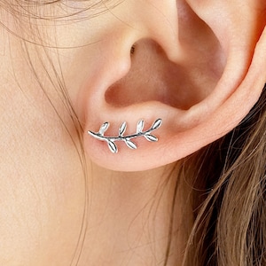 925 Sterling Silver Olive Branch Ear Climbers - Leaf Earrings in Silver