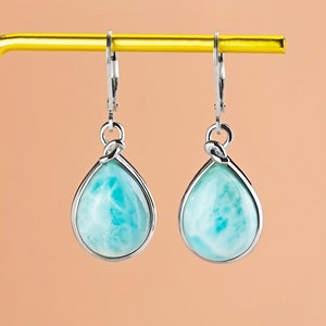 925 Sterling Silver Larimar Pear Shape Earrings - High end Larimar Drop Earrings