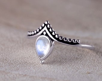925 Sterling Silver Boho Chevron Ring Set With Rainbow Moonstone