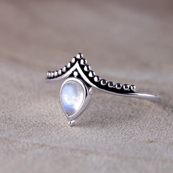 Bague Boho Chevron Pierre de Lune Arc-en-ciel en Argent Massif 925/1000e