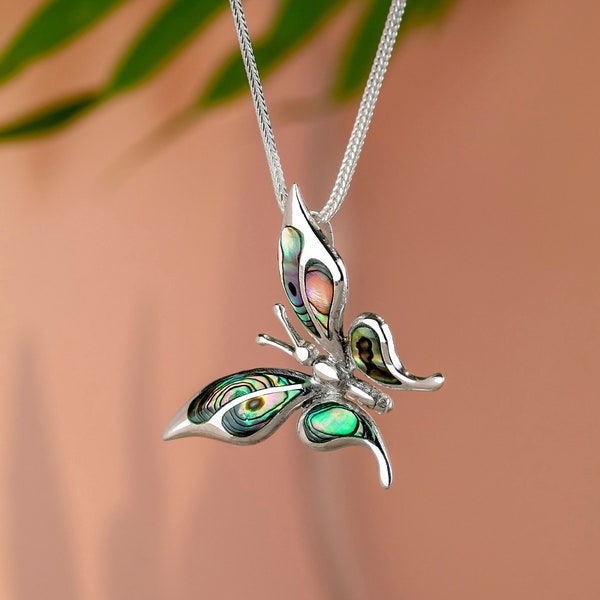 Pendentif Papillon en Argent et Nacre Abalone - Collier Papillon Nacre Argent Massif 925/1000e