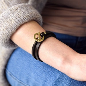 Saddle Brown Leather Toggle Bracelet - Wrap Bracelet Gold Plated Lock