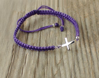 Adjustable Fabric And 925 Sterling Silver Cross Bracelet - Purple Color - For Boys Girls and Women