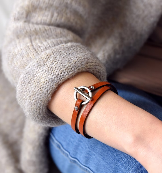 Bracelet Cuir Double Tour Orange Fermoir Cercle et Barre -  France