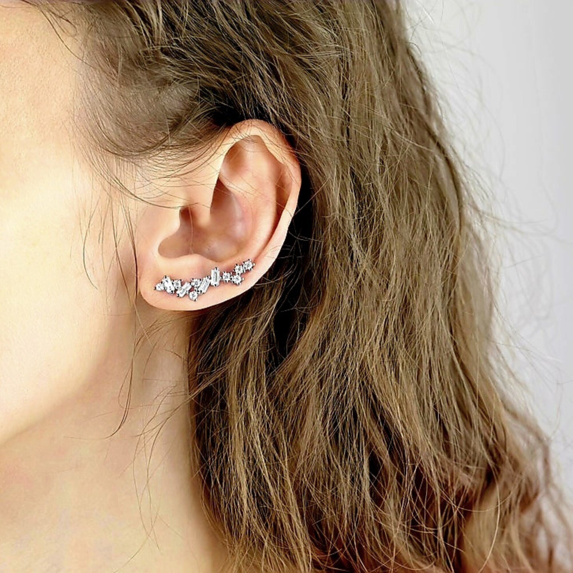 925 Sterling Silver Bling Cristal Ear Crawlers - Cocktail Earrings in Silver
