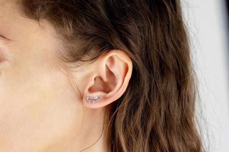 Leaf Earrings in Silver 925 Sterling Silver Olive Branch Ear Climbers