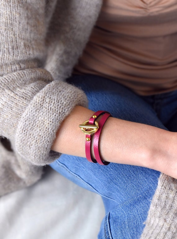 Pink Leather Toggle Bracelet Wrap Bracelet with Gold Plated Etsy