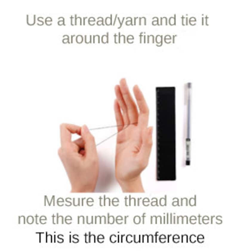 May include: A hand with a thread wrapped around a finger. A ruler and pen are next to the hand. The text "Mesure the thread and note the number of millimeters. This is the circumference" is below the image.