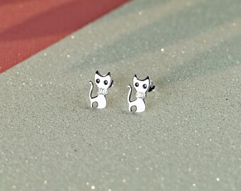 Orecchini A Goccia Donna In Argento 925 Con Gatto: Pendenti A Forma Di Gattino, 1,1x1,4 Cm, Leggeri (1,4 G), In Sacchetto Di Velluto Belons - 3