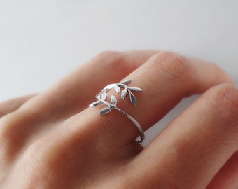 925 Sterling Silver Adjustable Leaf Ring - Olive Leaves Ring