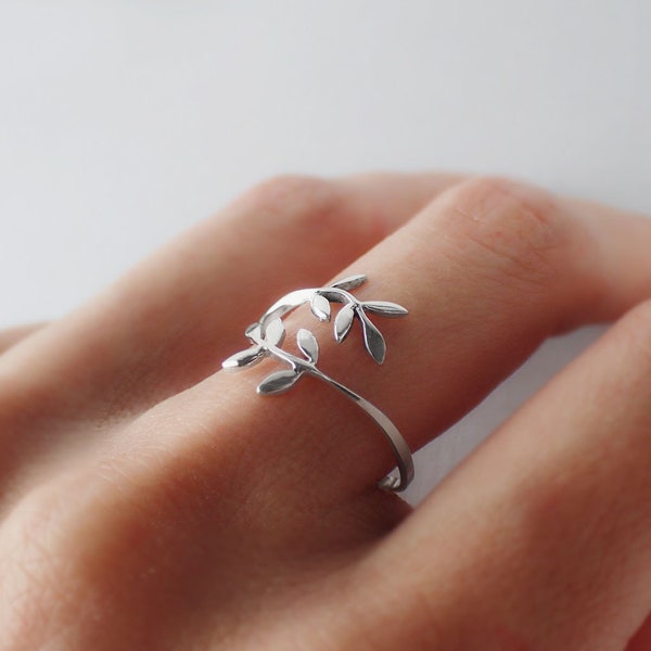 925 Sterling Silver Adjustable Leaf Ring - Olive Leaves Ring