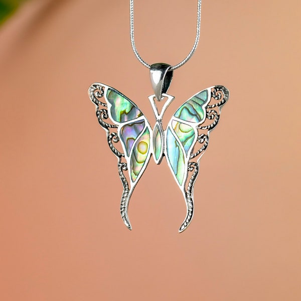 925 Sterling Silver & Mother of Pearl Butterfly Pendant - Butterfly Necklace with Abalone