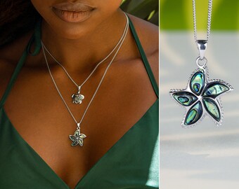 925 Sterling Silver Starfish Pendant set with Abalone Shell - Starfish Necklace with Mother of Pearl