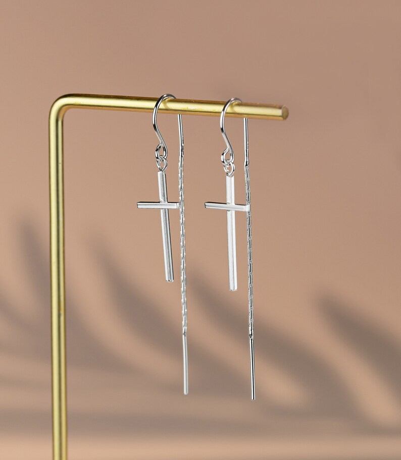 925 Sterling Silver Christian Cross Long Threader Earrings 925 Sterling Silver Christian Cross Long Threader Earrings