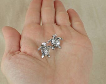 Boucles D'Oreilles Puces Tortue - Argent 925/1000 (Sterling), Garanti Sans Nickel - Neuves
