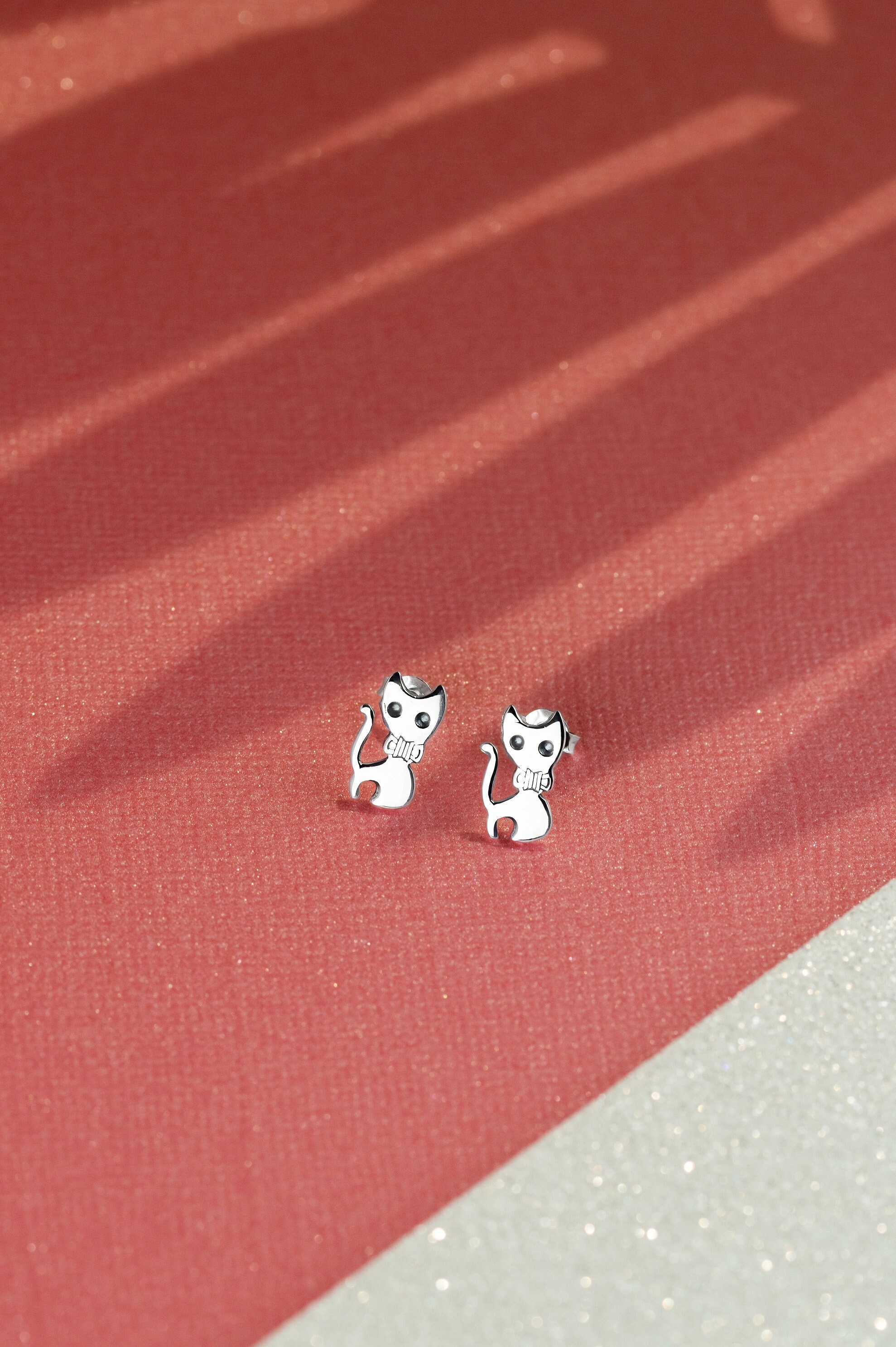 Orecchini Borchie A Gattino In Argento 925 Oro Rosa, Piccoli Animali, Confezione Regalo S4