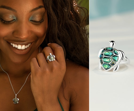 925 Sterling Silver Turtle Ring Set With Abalone Shell - Etsy