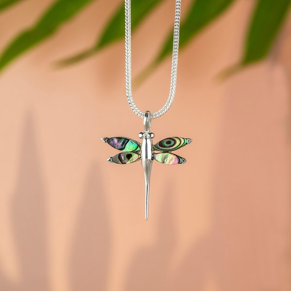 925 Sterling Silver & Mother of Pearl Dragonfly Pendant - Dragonfly Necklace with Abalone