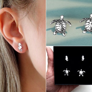 925 Sterling Silver  Gift for Ocean Lover : Turtle Earrings + Seahorse Earrings