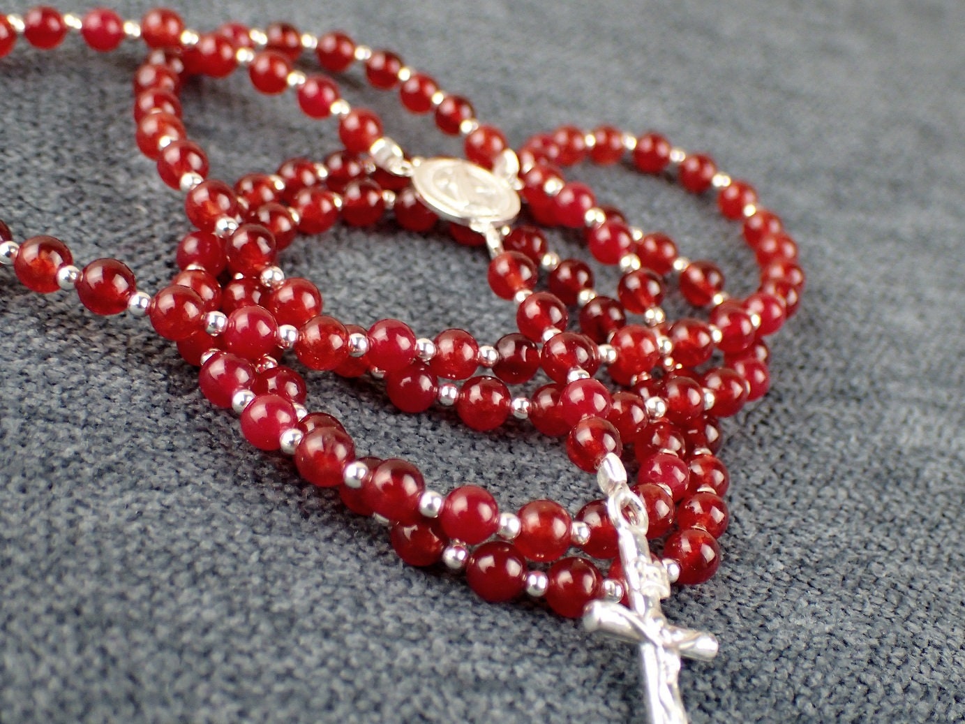 Chapelet Agate Rouge et Argent Massif 925/1000E