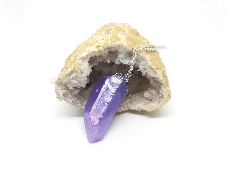 Jewelry for Gamers Ancient Mana Crystal Shard Minimalist Necklace Purple and Violet Resin Raw Gemstone Necklace with Silver Chain