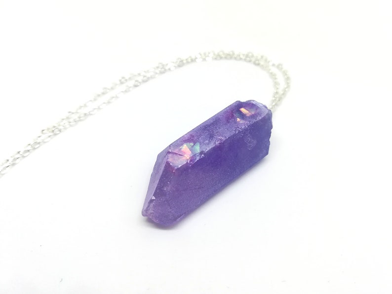 Jewelry for Gamers Ancient Mana Crystal Shard Minimalist Necklace Purple and Violet Resin Raw Gemstone Necklace with Silver Chain