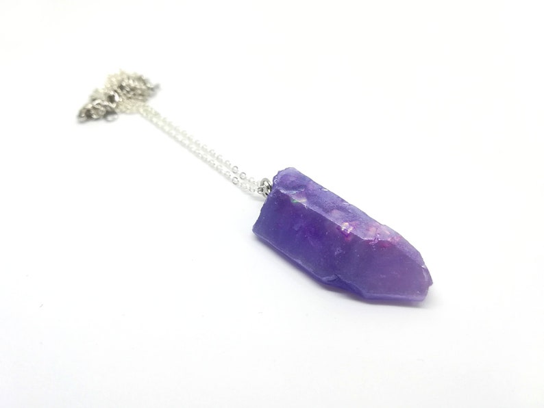 Jewelry for Gamers Ancient Mana Crystal Shard Minimalist Necklace Purple and Violet Resin Raw Gemstone Necklace with Silver Chain