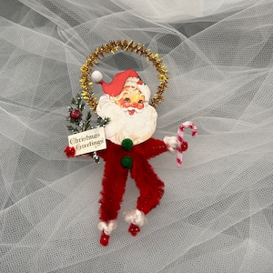 Santa Ornament, Vintage Style Ornament, Chenille Christmas Ornament, Gift Topper