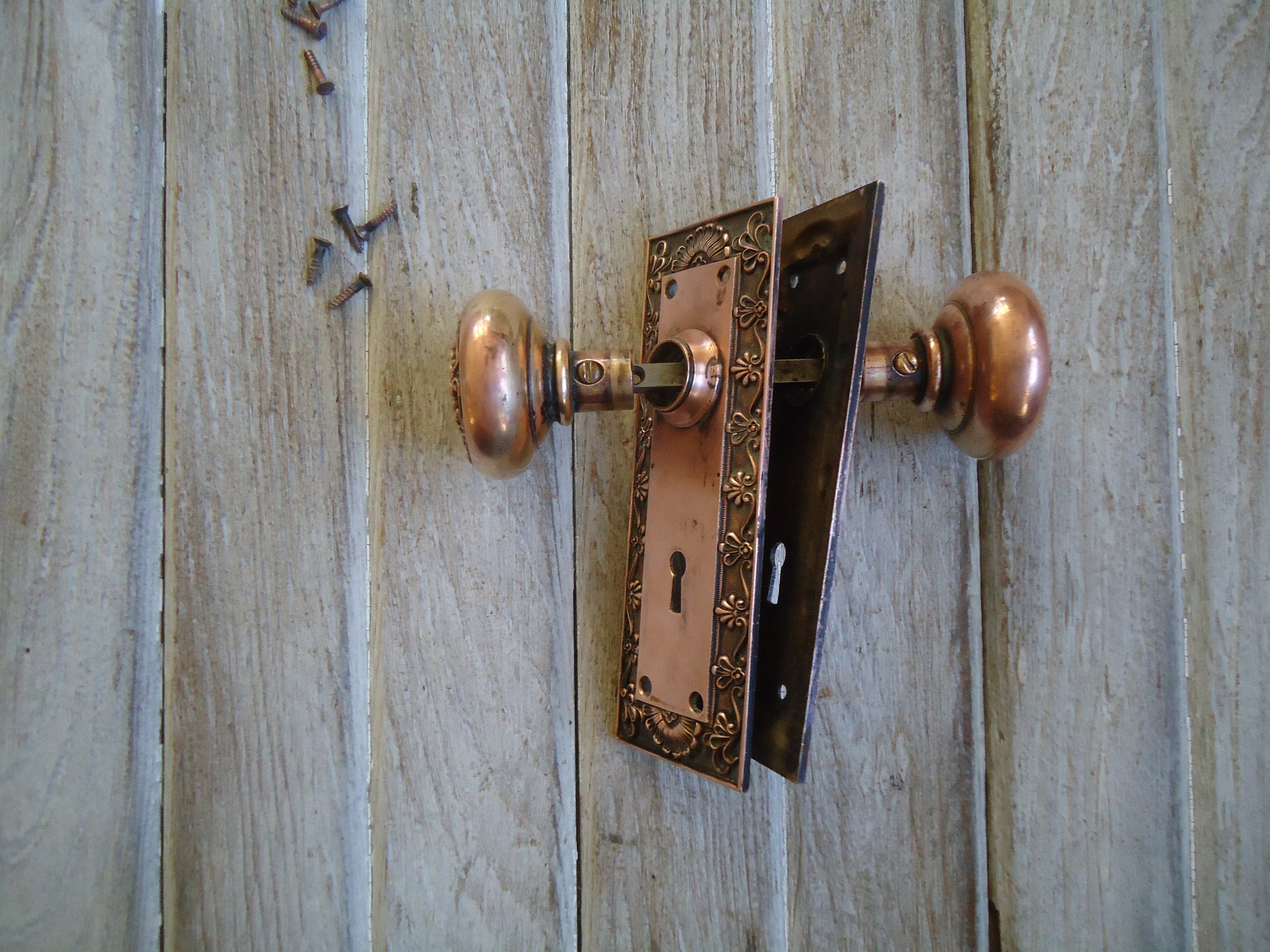 Vintage Brass Door Knobs, Complete Door Knobs, Bronze Colored Door