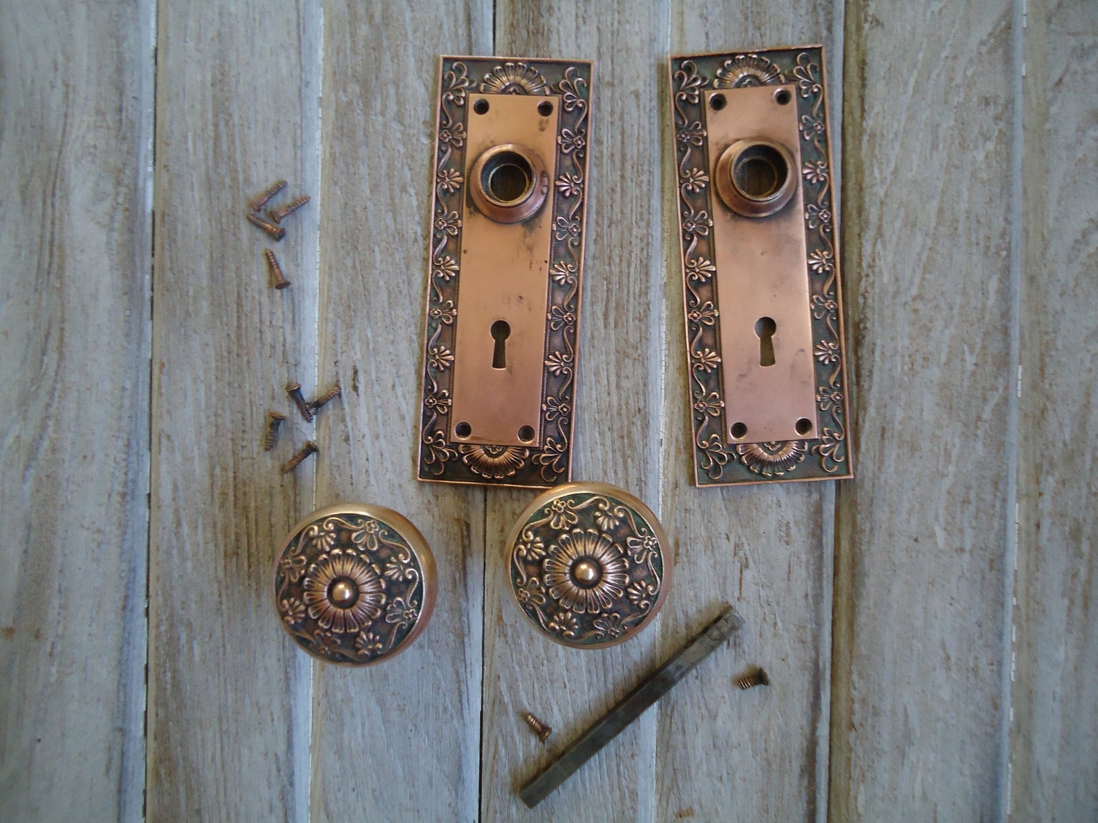 Vintage Brass Door Knobs, Complete Door Knobs, Bronze Colored Door