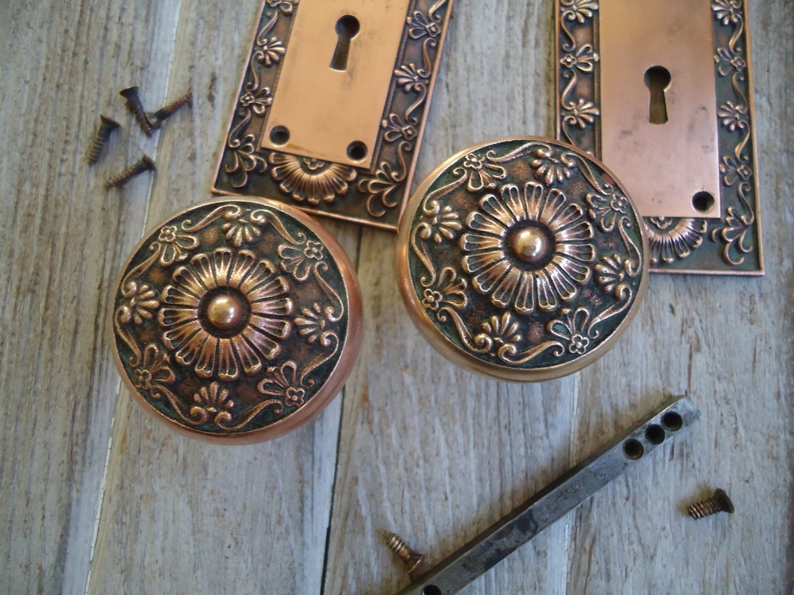 Vintage Brass Door Knobs, Complete Door Knobs, Bronze Colored Door