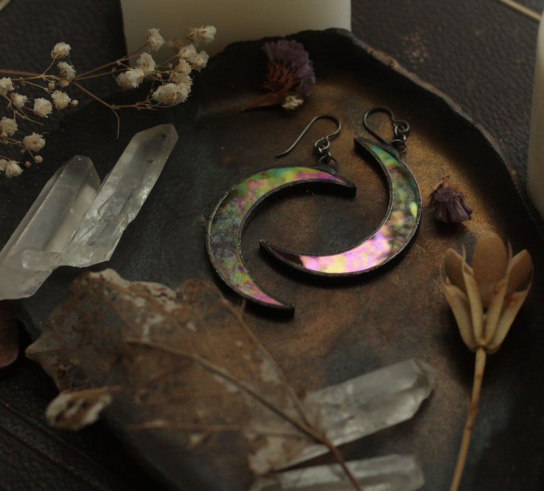 iridescent jewelry Wiccan earrings Crescent moon earrings boho moon earrings celestial earrings witch moon earrings festival earrings