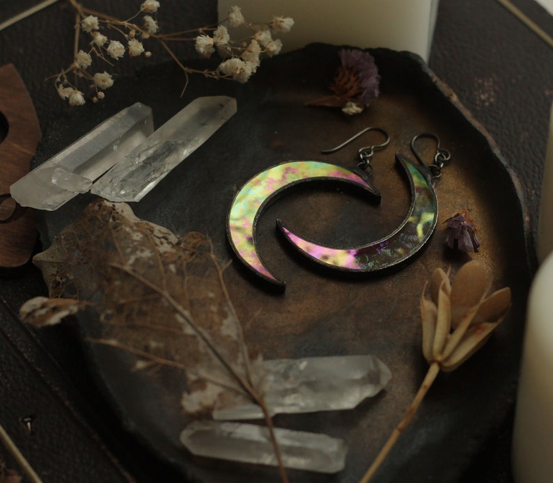 iridescent jewelry Wiccan earrings Crescent moon earrings boho moon earrings celestial earrings witch moon earrings festival earrings