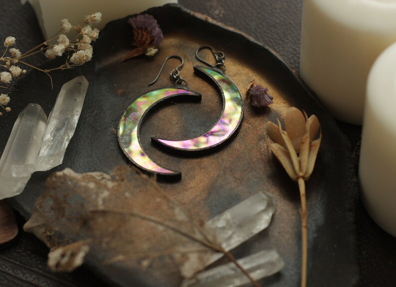iridescent jewelry Wiccan earrings Crescent moon earrings boho moon earrings celestial earrings witch moon earrings festival earrings