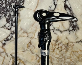 Black Raven with a marble insert  Cane Walking Stick Wood Wooden Cane Handcarved Carving Handmade