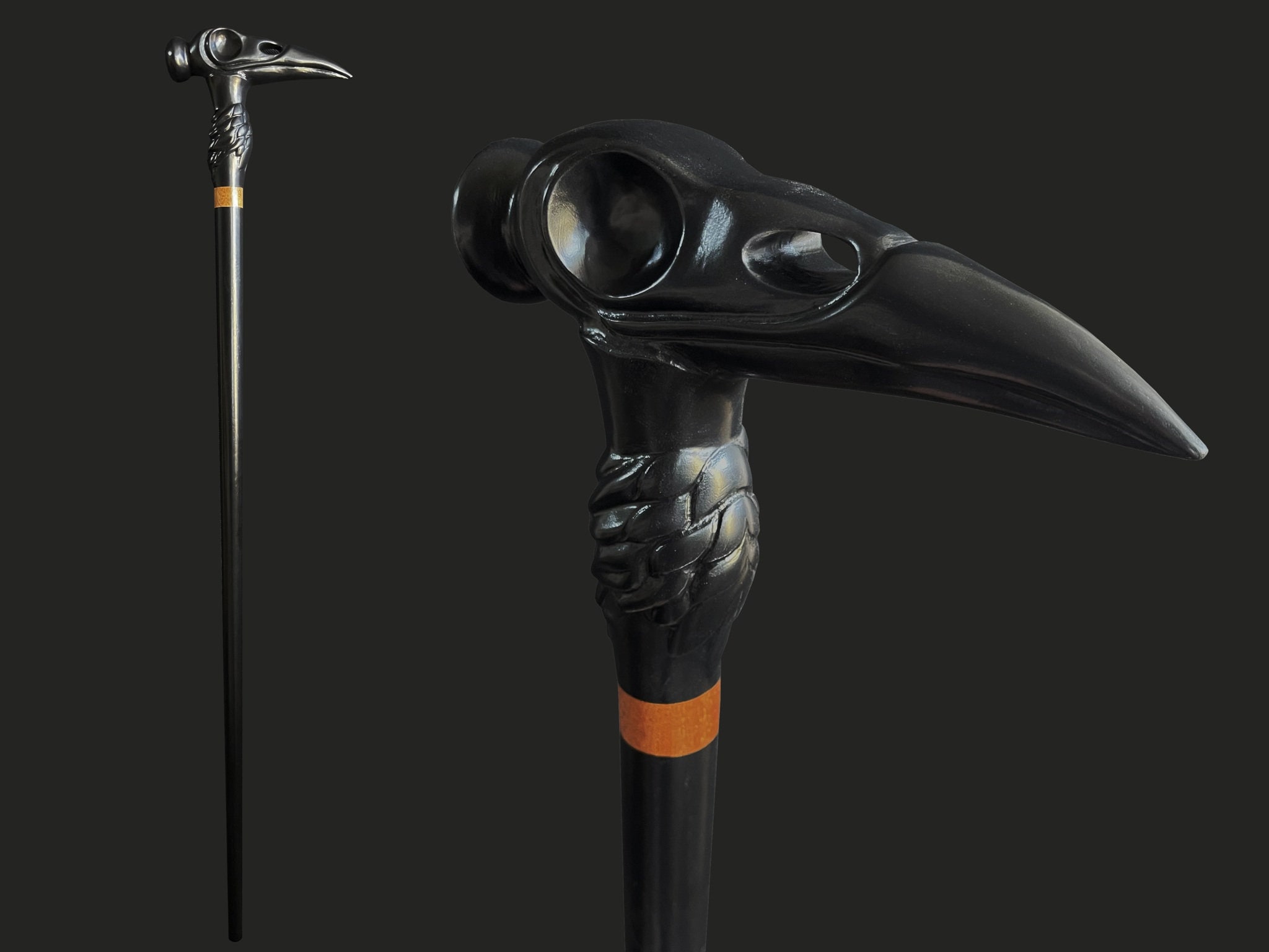 Walking Cane  Black Raven Cane Walking Stick Wood Wooden Cane Handcarved Carving Handmade  Fathers Day Gift