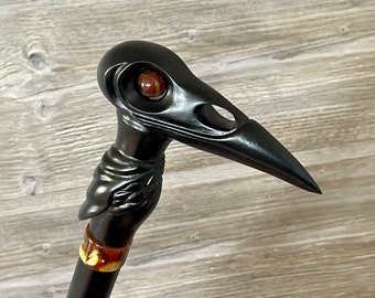 Black Raven Cane Walking Stick Wood Wooden Cane Handcarved Carving Handmade  Walking Cane For Women