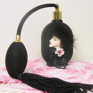 Vintage Black Satin Glass Perfume Atomizer Empty Taiwan Bottle Elegant Lady