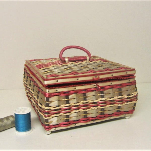 Japan Wicker Sewing Box 70s Sewing Basket Box with Red Satin Woven Sewing Box
