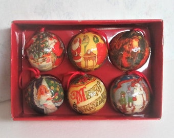 6 village home and 6 old world St Nick Victorian Christmas Paper Mache Decoupage Ornaments 12 Old World Boxed Set